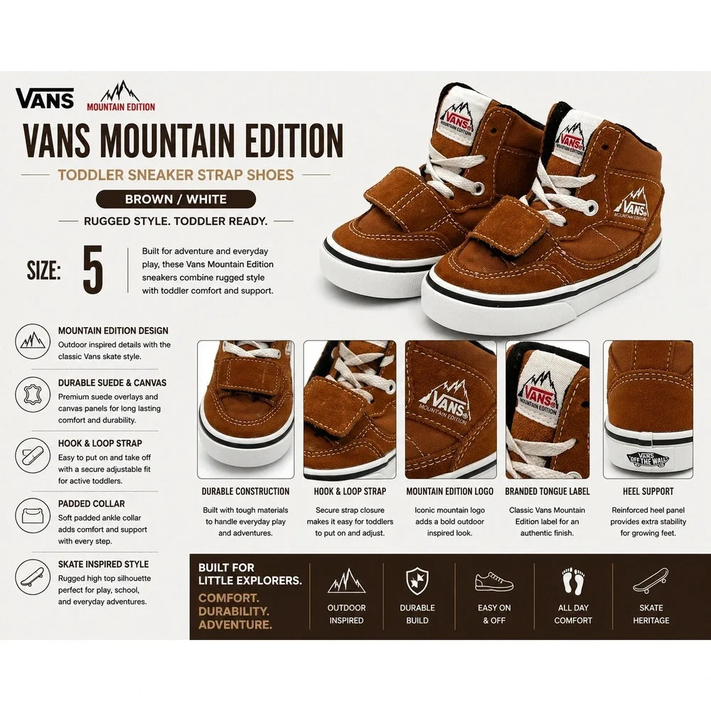 Vans MTE Mountain Edition Toddler Boys Size 5 Brown Suede Hook Loop Skate Shoes‎